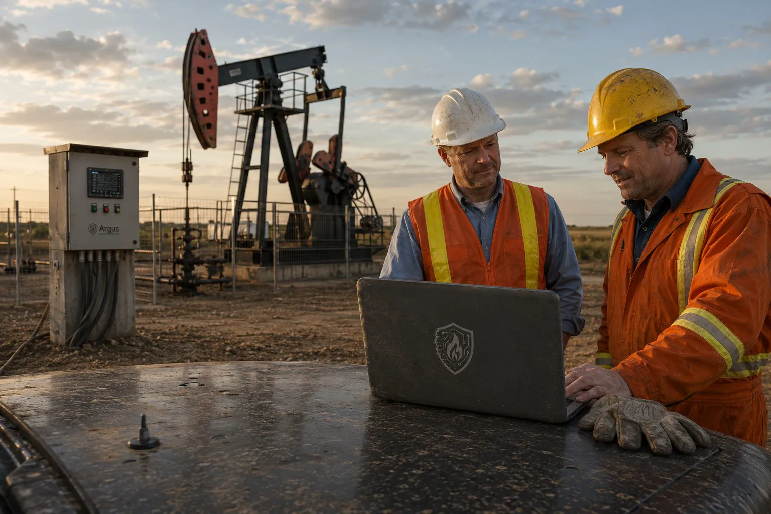 Field crew reading live Argus telemetry on a laptop at the wellsite